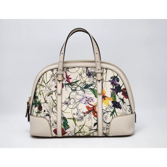 Auth Gucci Ivory Nice Floral Printed Leather Top Handle Satchel Bag - Picture 1 of 16